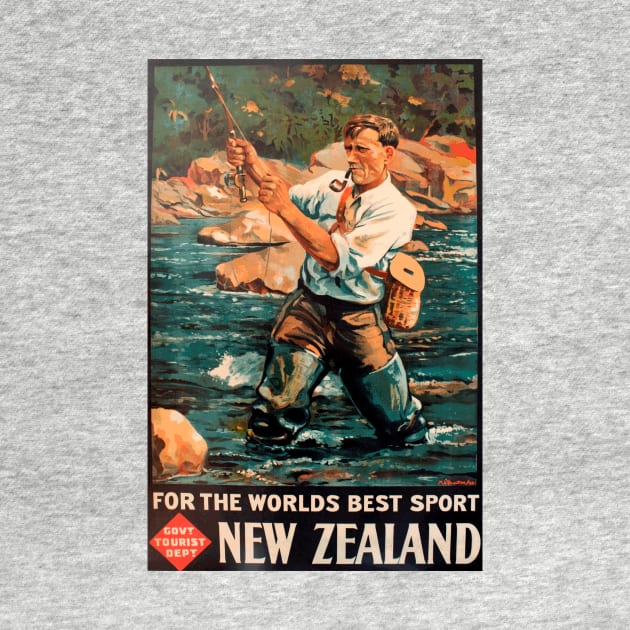 Fly Fishing in New Zealand - Vintage Travel Poster Design by Naves